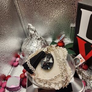 Elegant Jet Black Lg Faceted Swarovski Crystal's Signatur Pendant Necklace 38"